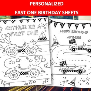 Fast One Birthday Coloring sheets for kids | Personalized Fast 1 Birthday pages