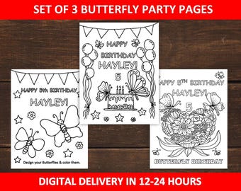 Butterfly Birthday coloring pages , Printable Butterfly party favors for kids, Set of 3 Butterflies activity pages