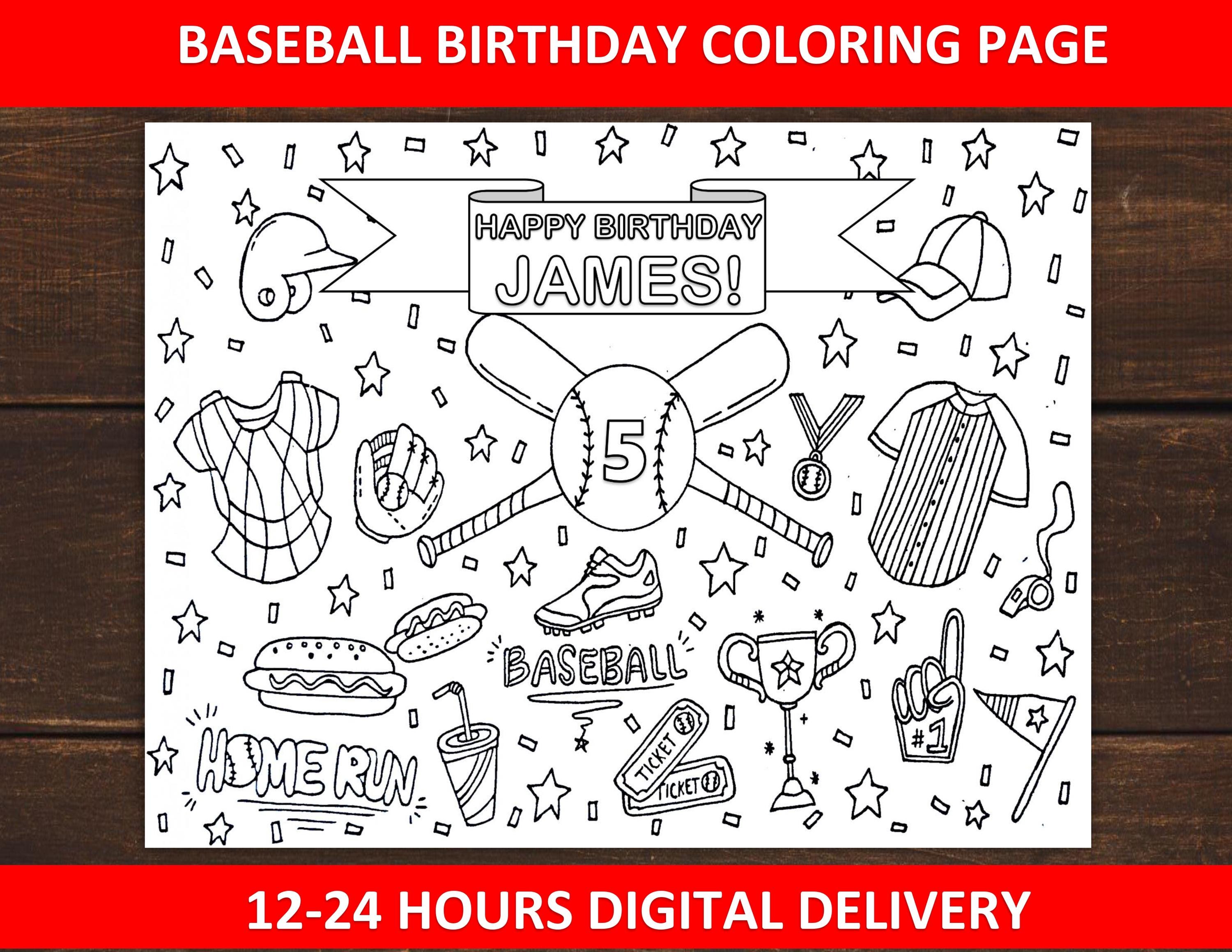 Hoja para colorear de cumpleaños de béisbol para niños / Página para colorear de béisbol personalizada / Mantel individual de fiesta de béisbol para imprimir