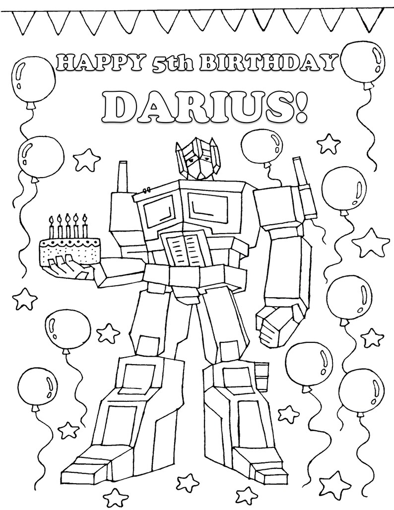Op de afbeelding: Zwart-wit kleurplaat met een robot die een taart met kaarsen vasthoudt. De tekst luidt "HAPPY 5th BIRTHDAY DARIUS!" met ballonnen en sterren.