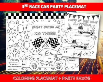 Mantel individual para colorear de cumpleaños y hoja para colorear de autos "Can't Catch Me I'm Three", obsequios de fiesta de autos de carrera para niños
