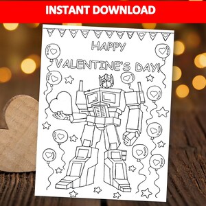 May include: A black and white colouring page featuring a robot holding a heart-shaped balloon. The text "Happy Valentine's Day!" is at the top of the page. The robot is surrounded by stars and hearts.
