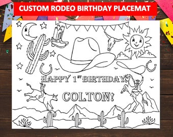 Hoja para colorear de cumpleaños de rodeo para imprimir / Mantel individual para colorear de rodeo personalizado / recuerdo de fiesta de rodeo