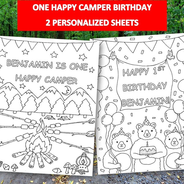 One Happy camper birthday coloring sheets for kids | Camping birthday coloring pages to print 1 Happy camper party favors