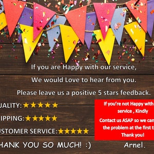 Op de afbeelding: Een feestelijke afbeelding met kleurrijke driehoekige vlaggen en confetti tegen een donkere houten achtergrond. Tekst bevat een bedankbericht en een verzoek om feedback, plus een klantenservicenota.