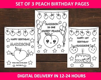 Peach birthday coloring pages,  One sweet Peach party favors for kids , Printable peach activity sheets