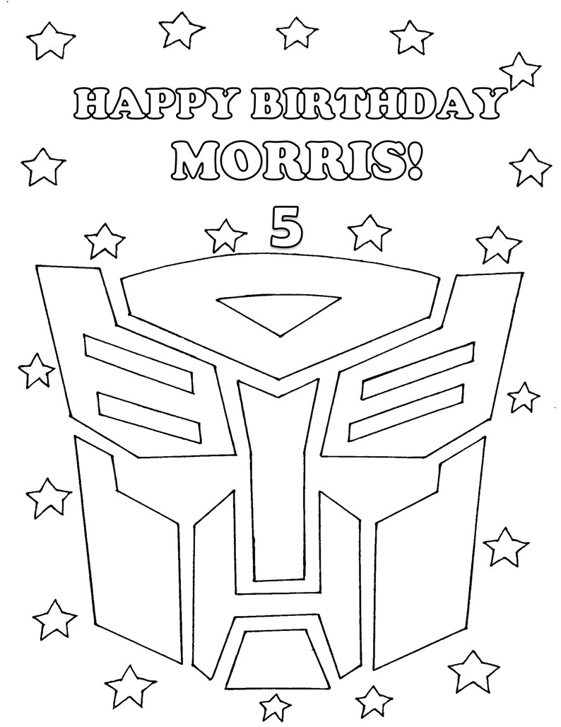 Op de afbeelding: Zwart-wit kleurplaat met de tekst "HAPPY BIRTHDAY MORRIS!" en "5". De afbeelding toont een robotgezichtontwerp en verschillende stervormen.