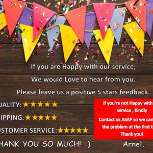 Op de afbeelding: Een feestelijke afbeelding met kleurrijke driehoekige vlaggen en confetti tegen een donkere houten achtergrond. Tekst moedigt positieve feedback aan en biedt ondersteuning. De tekst bevat beoordelingen voor kwaliteit, verzending en klantenservice.