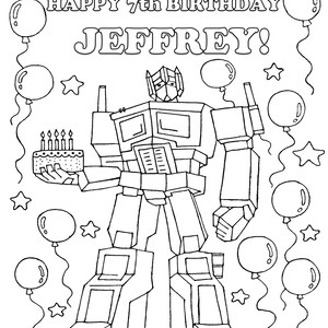 Op de afbeelding: Zwart-wit lijntekening van een verjaardagskaart met de tekst "HAPPY 7th BIRTHDAY JEFFREY!". De kaart toont een robot die een taart met kaarsen vasthoudt, omringd door ballonnen en sterren.
