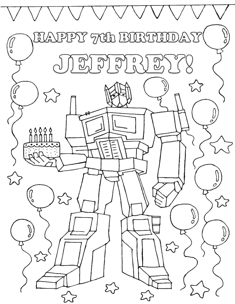 Op de afbeelding: Zwart-wit lijntekening van een verjaardagskaart met de tekst "HAPPY 7th BIRTHDAY JEFFREY!". De kaart toont een robot die een taart met kaarsen vasthoudt, omringd door ballonnen en sterren.