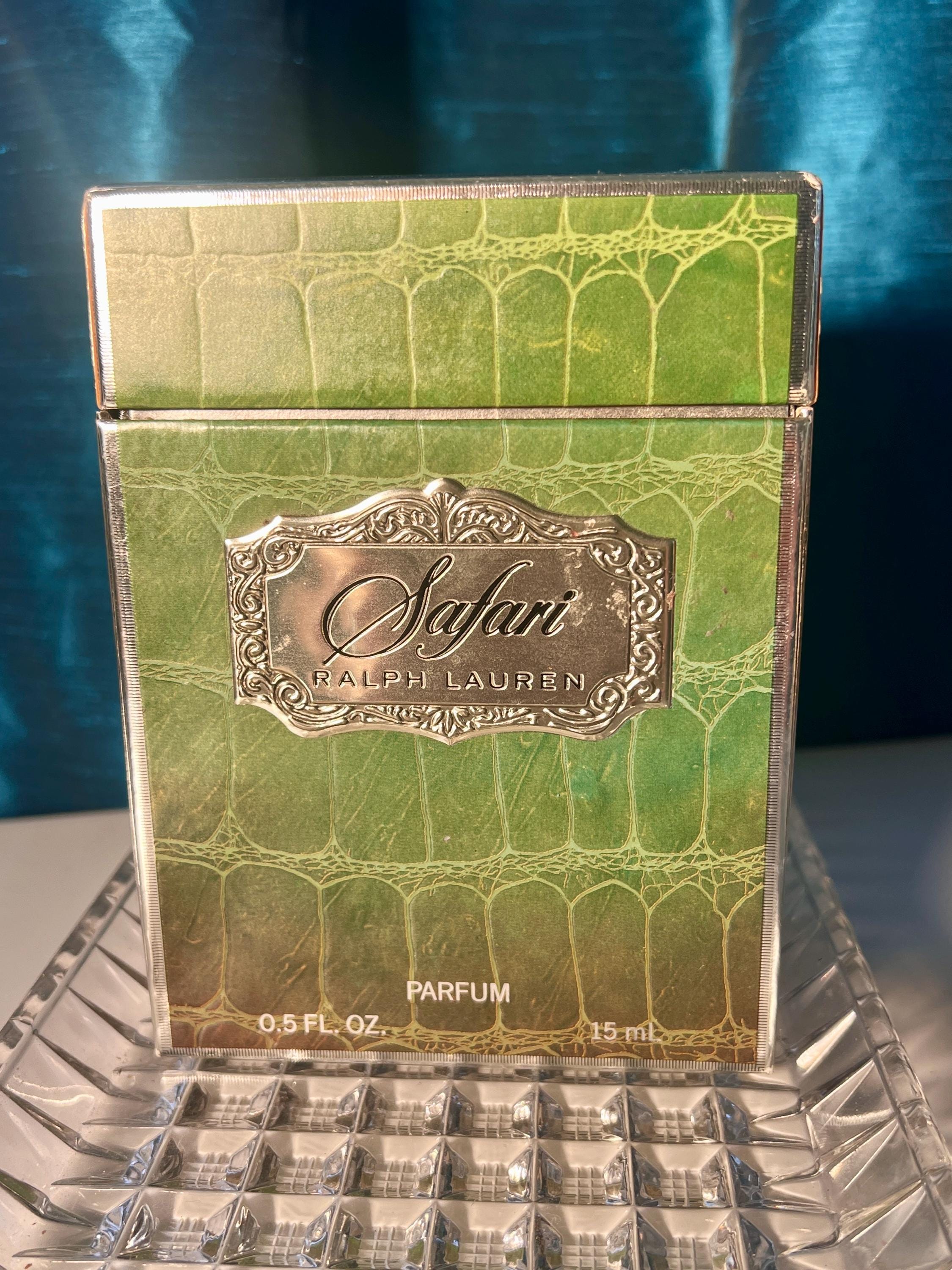 1989 Ralph Lauren Safari Perfume. Crystal bottle nestled in original gift box. Evocative, wanderlust in a bottle.