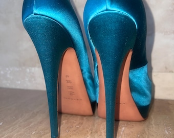 Casadei Peacock Teal Silk platform stiletto 9 1/2