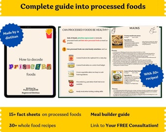 Processed foods ebook, processed food planner, Nutrition Lead magnet, healthy food recipes, processed food tips, canva food label guide.