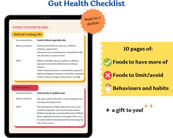 Gut health cheat sheet, gut health foods, gut health lead magnet, gut health planner, canva gut healt, gut health triggers, gut health tips