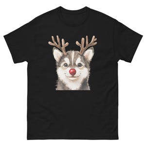 Cute Christmas Husky T-Shirt, Puppy with Reindeer Antlers and Red Nose, Holiday Dog Lover Gift, Siberian Husky Tee