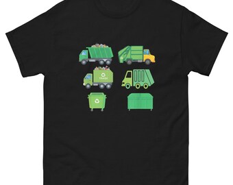 May include: Black t-shirt featuring a colorful illustration of various green garbage trucks and bins. The design includes different styles of trucks and containers, all in a cartoon style, perfect for a child's wardrobe.