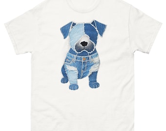 Denim Patchwork Dog T-Shirt: Artistic Terrier Puppy Tee