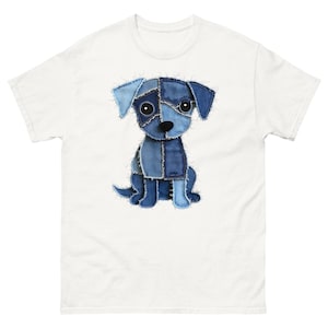 T-Shirt Chiot Denim Mignon | Tee Chien Patchwork | Design Chiot Unique Cadeau Amoureux Chiens Vêtements Animaux Adorables Chemise Chien Bleu