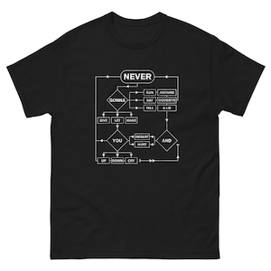 May include: Black t-shirt with a white flowchart design. The flowchart includes the words "NEVER GONNA" and phrases like "GIVE YOU UP," "LET YOU DOWN," and "RUN AROUND." The shirt is made of a soft, comfortable material.