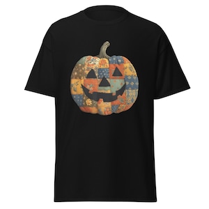 Patchwork pompoen shirt, gewatteerd Halloween T-shirt, cottagecore herfst Jack-o'-lantern shirt, vintage bloemenpompoen shirt, schattige herfststijl