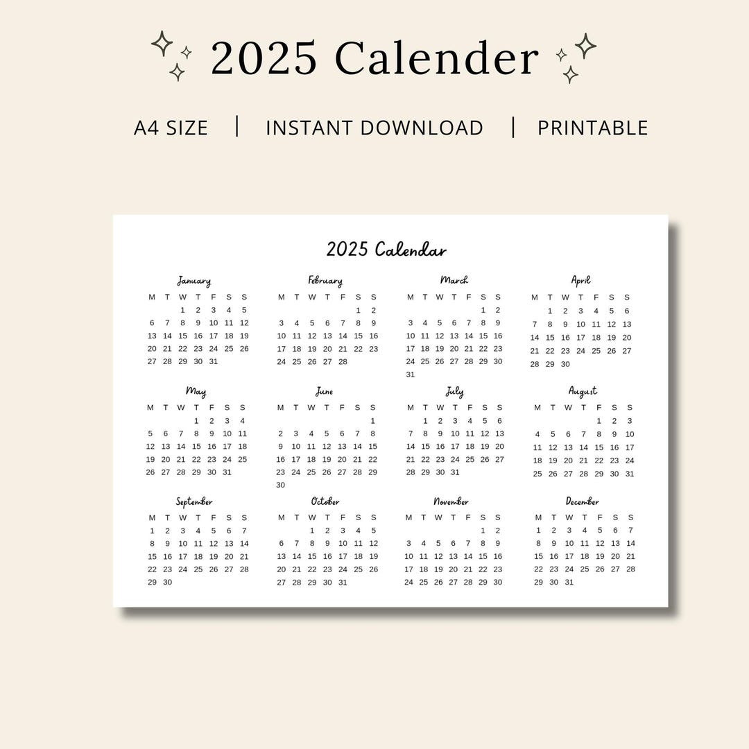 2025 Calendar A4 Landscape Printable Pdf Digital Download Sunday Start