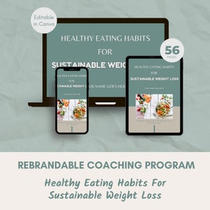 Op de afbeelding: Een digitale mockup van een coachingprogramma getiteld "Healthy Eating Habits For Sustainable Weight Loss" weergegeven op een laptop, tablet en smartphone. Het programma is 56 pagina's en is rebrandable.