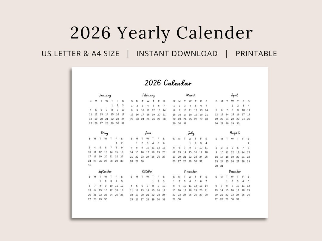 2026 Printable Calendar | Landscape Year Overview | A4 & US Letter PDF ...