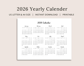 2026 Printable Calendar | Landscape Year Overview | A4 & US Letter PDF Download