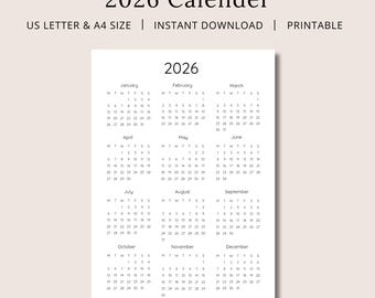 May include: A printable 2026 calendar in US Letter and A4 sizes. The calendar displays the months January through December, with each month's days arranged in a grid format. The text "2026 Calendar" is at the top.
