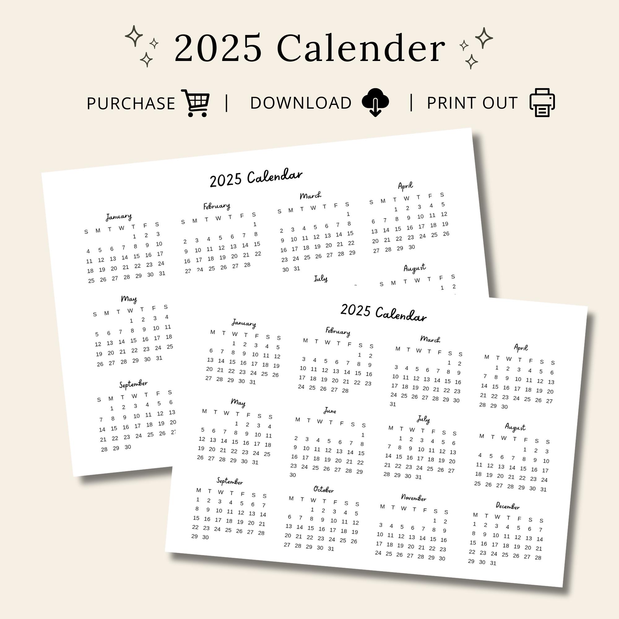 2025 Calendar A4 Landscape Printable Pdf Digital Download Sunday Start ...