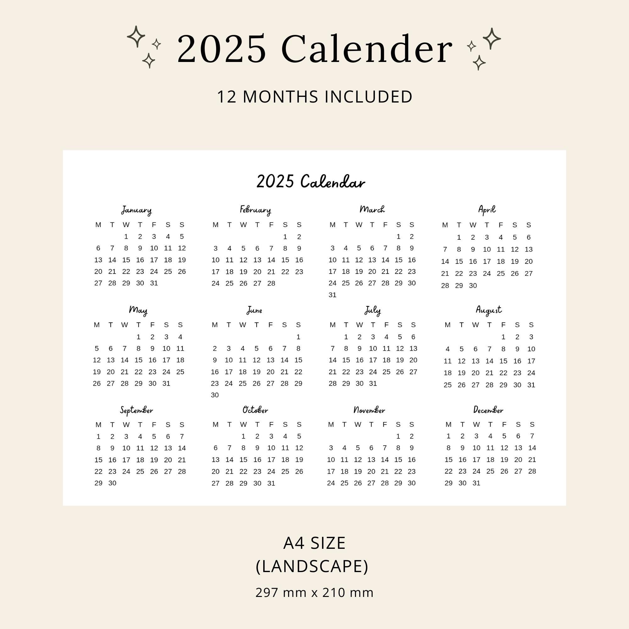 2025 Calendar A4 Landscape Printable Pdf Digital Download Sunday Start ...