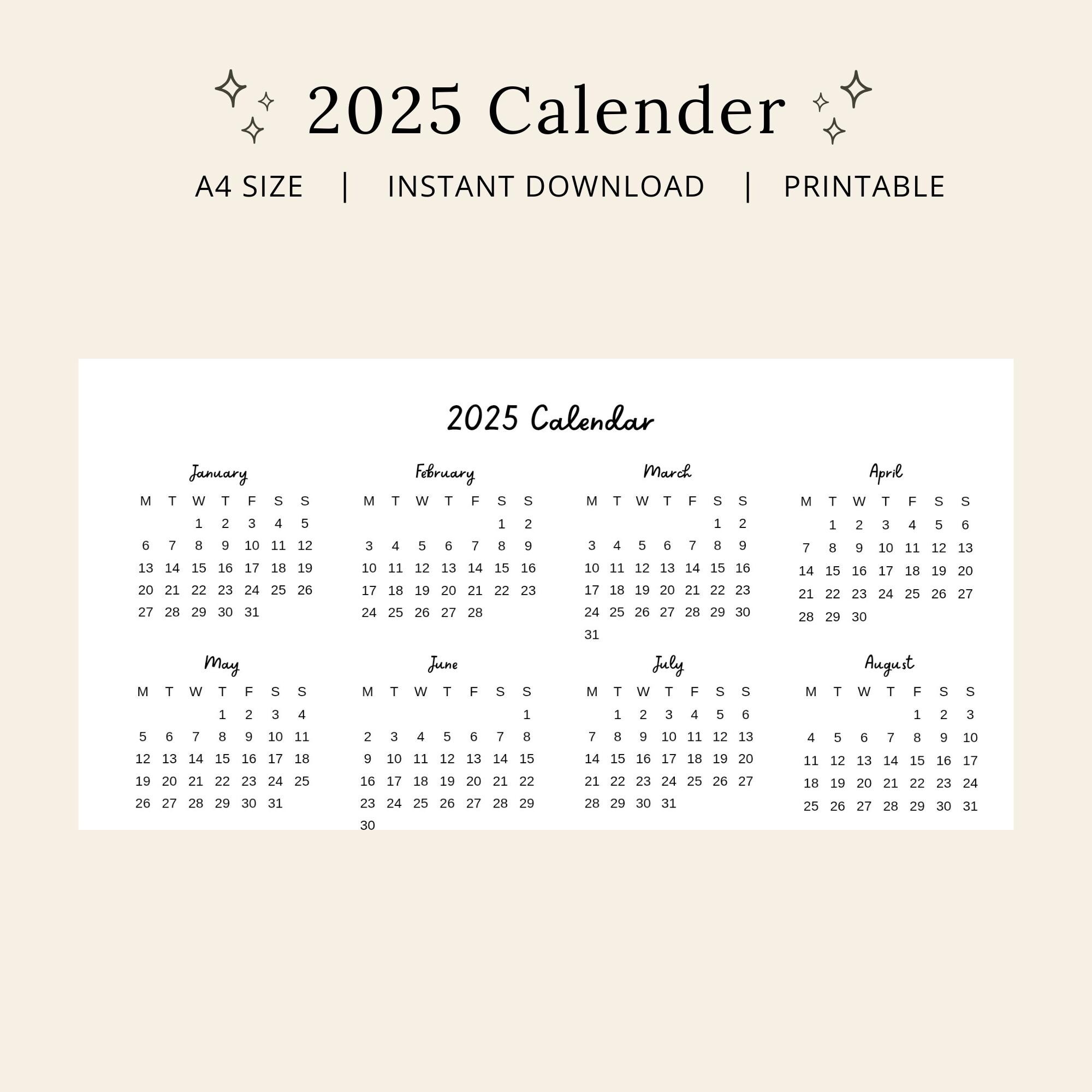 2025 Calendar A4 Landscape Printable Pdf Digital Download Sunday Start ...