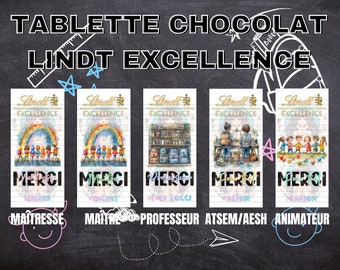 Tablette de chocolat Lindt Excellence personnalisée cadeau école Maîtresse, Maître, professeur, Atsem/Aesh, animateur.