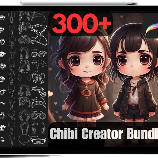 300 Procreate Chibi Character Creator Stamps-bundel, gratis anime-stempels inbegrepen, hoogwaardige Chibi-stempels, Chibi-borstels, commercieel gebruik.