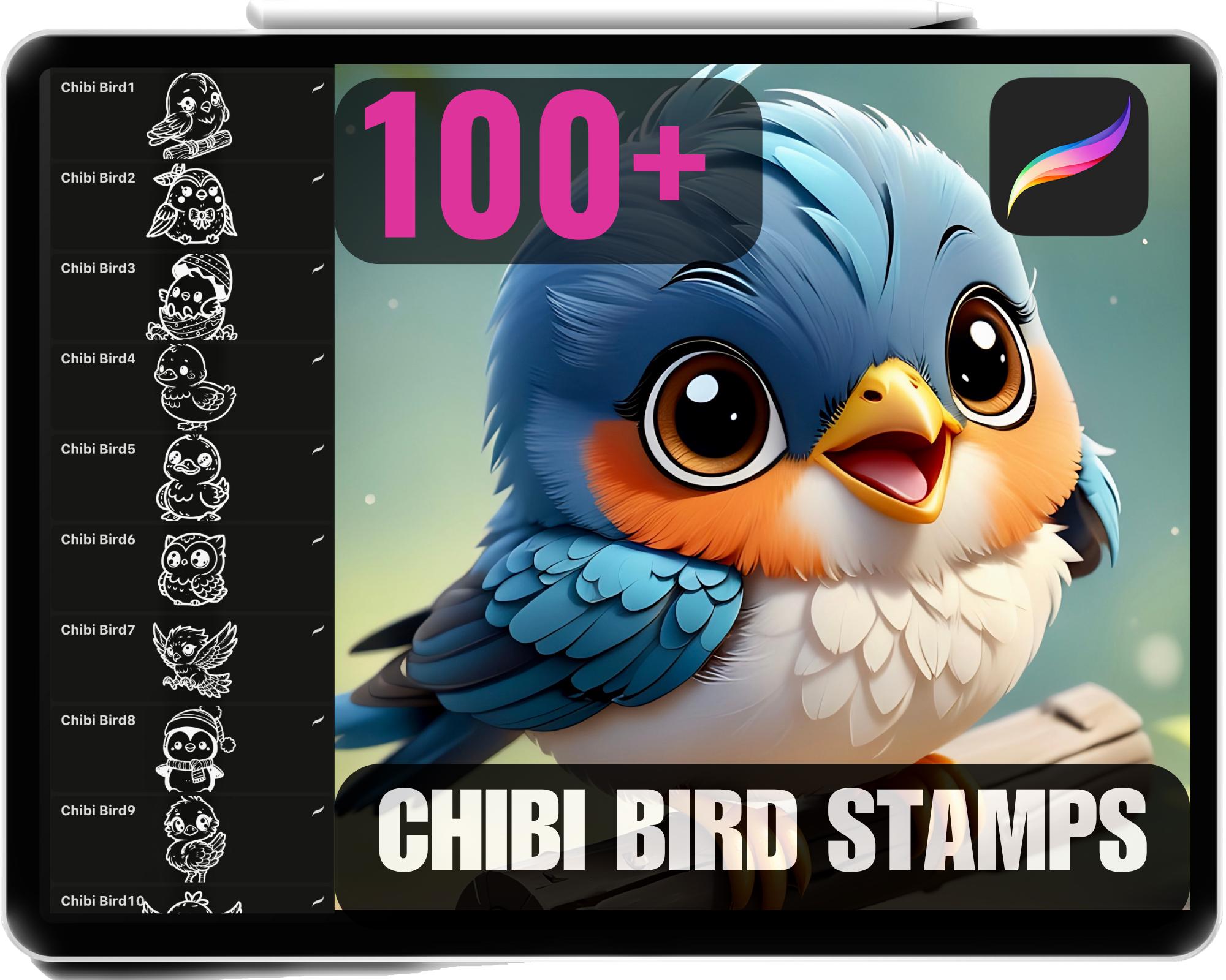100 carimbos Procreate de pássaros chibi | Pincéis kawaii para iPad | Corujas, papagaios, pinguins e mais | Line art de alta qualidade | Uso comercial