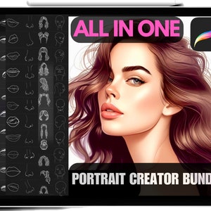 Procreate Weiblicher Porträt-Creator-Bundle, hohe Qualität, realistische Augen, Nasen, Lippen, Haut, Gesicht, Haarstempel und Kopfführungen, kommerzielle Nutzung