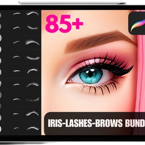 May include: A digital illustration of a woman's eye with pink eyeshadow, blue iris, and black eyelashes. The image is accompanied by a collection of 85+ digital brushes for drawing eyes, lashes, and brows. The text "IRIS-LASHES-BROWS BUNDLE" is displayed at the bottom of the image.
