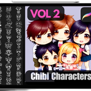 Chibi Characters Stamps Vol 2 Procreate & Princess Eyes Bundle, High Quality Ready To Use Chibi Stamps, Chibi Brushes, Commercial Use.