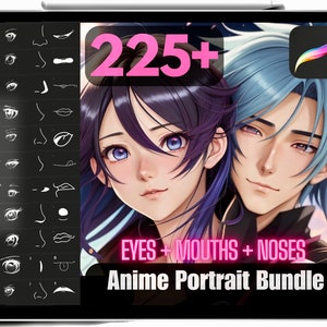 225+ Procreate Anime Stamps Bundle Of High Quality Anime Portrait Stamps Eyes, Noses & Mouths iPad Procreate Easy Brushes Commercial Use