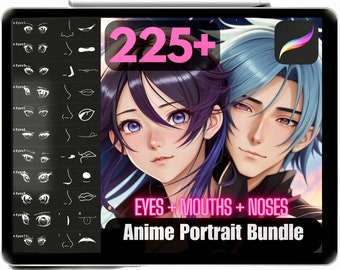225+ Procreate Anime Stamps Bundle Of High Quality Anime Portrait Stamps Eyes, Noses & Mouths iPad Procreate Easy Brushes Commercial Use