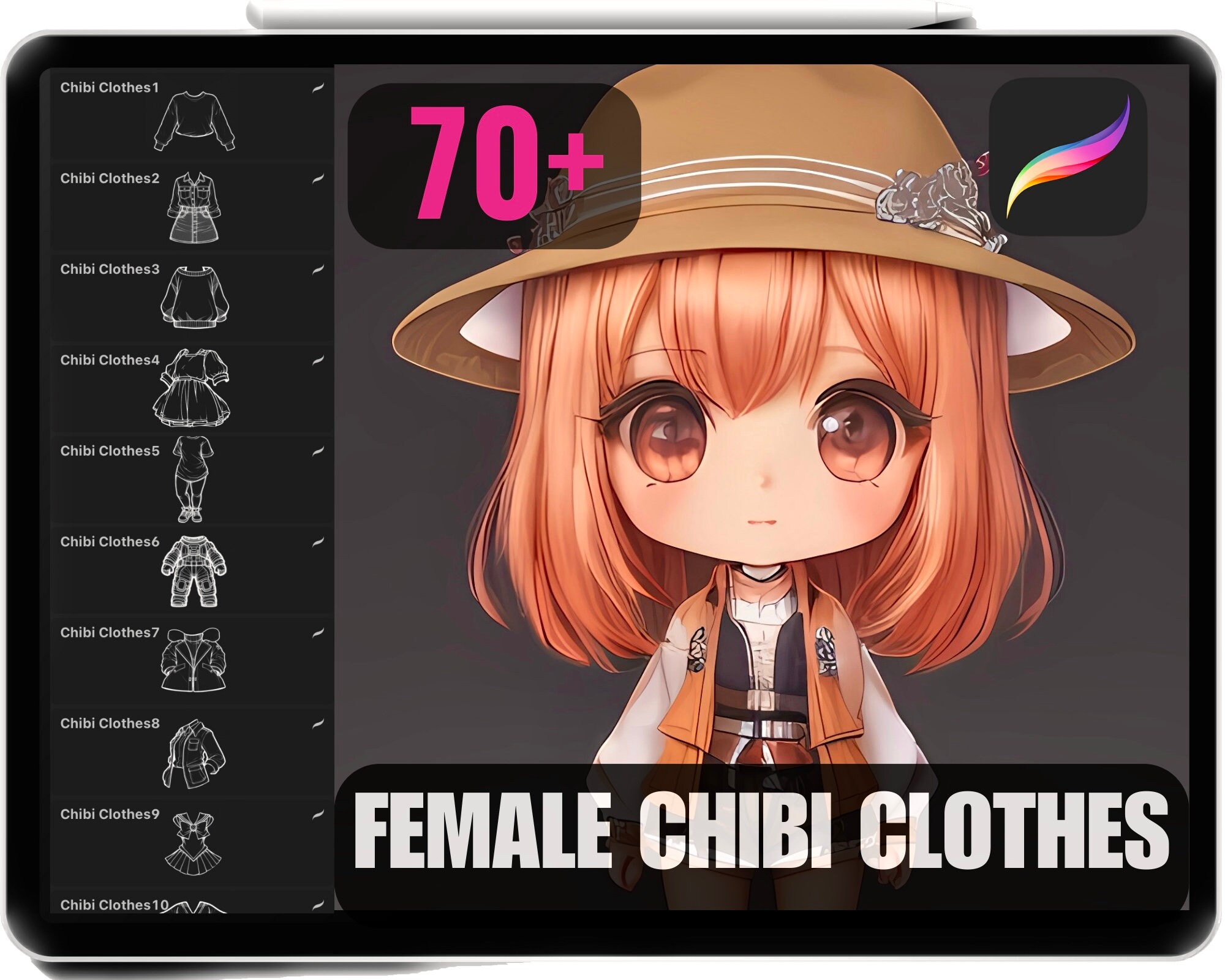 Pack de 70+ sellos de ropa chibi para Procreate — Vestidos, camisetas, chaquetas, suéteres y más pinceles para arte anime tierno, uso comercial
