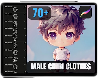 70 Procreate Chibi Homme Tampons, costumes, t-shirts, vestes, sports, pulls, tampons Chibi de haute qualité, pinceaux Chibi, usage commercial.