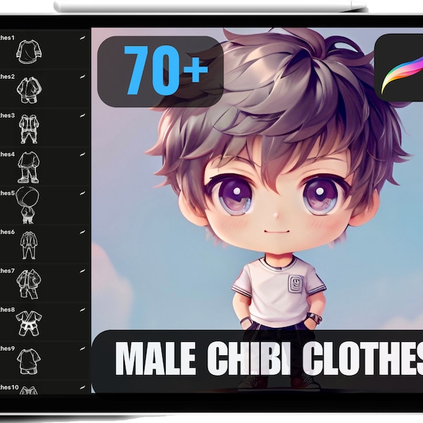 70 Sellos de ropa masculina Procreate Chibi, trajes, camisetas, chaquetas, deportes, suéteres, sellos Chibi de alta calidad, pinceles Chibi, uso comercial.