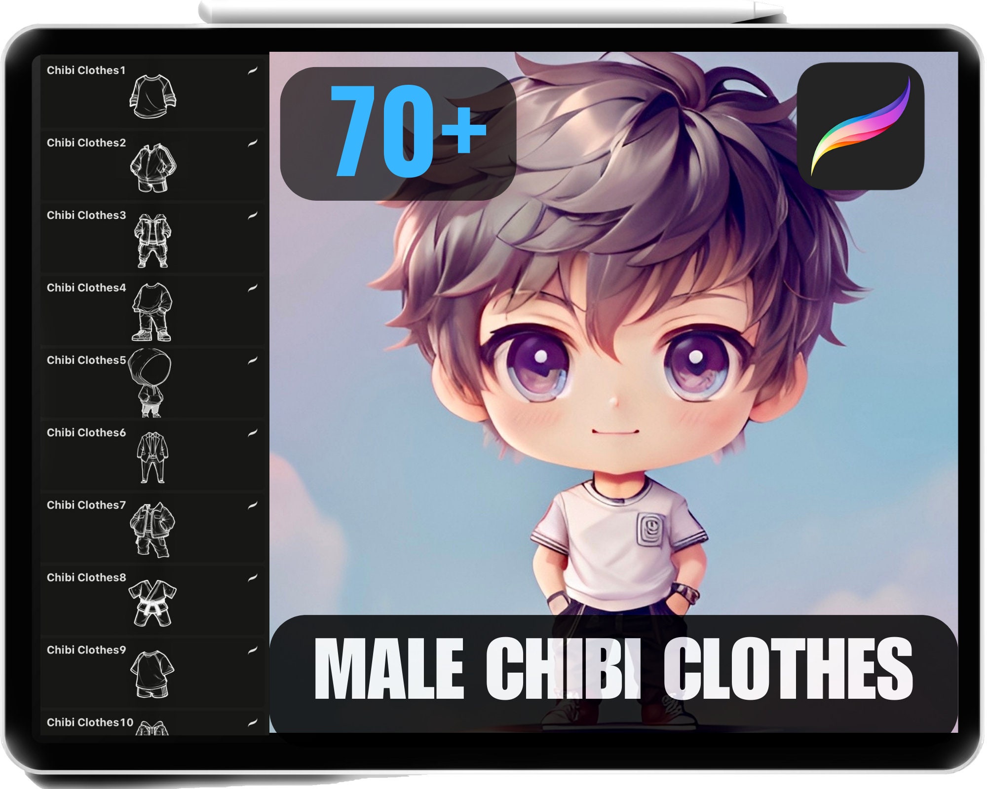 70 Procreate Chibi Male Clothes Stamps â Suits, TâShirts, Hoodies, Jackets, Sportswear & Sweaters Brush Set
