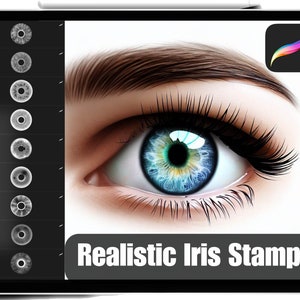 Puede incluir: Una ilustración digital de un ojo azul realista con un iris verde y amarillo. La imagen está en la pantalla de una tableta con una fila de nueve iris diferentes etiquetados "Iris 1" a "Iris 9" en el lado izquierdo de la pantalla. El texto "Realistic Iris Stamps" se muestra en la parte inferior de la pantalla.