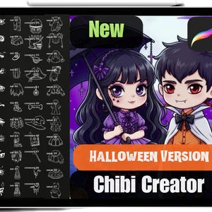 Puede incluir: Ilustración digital en pantalla de tableta que presenta una "Versión de Halloween" de una aplicación Chibi Creator. La aplicación muestra a una niña y un niño con disfraces de Halloween. La interfaz de la aplicación incluye opciones de personalización.