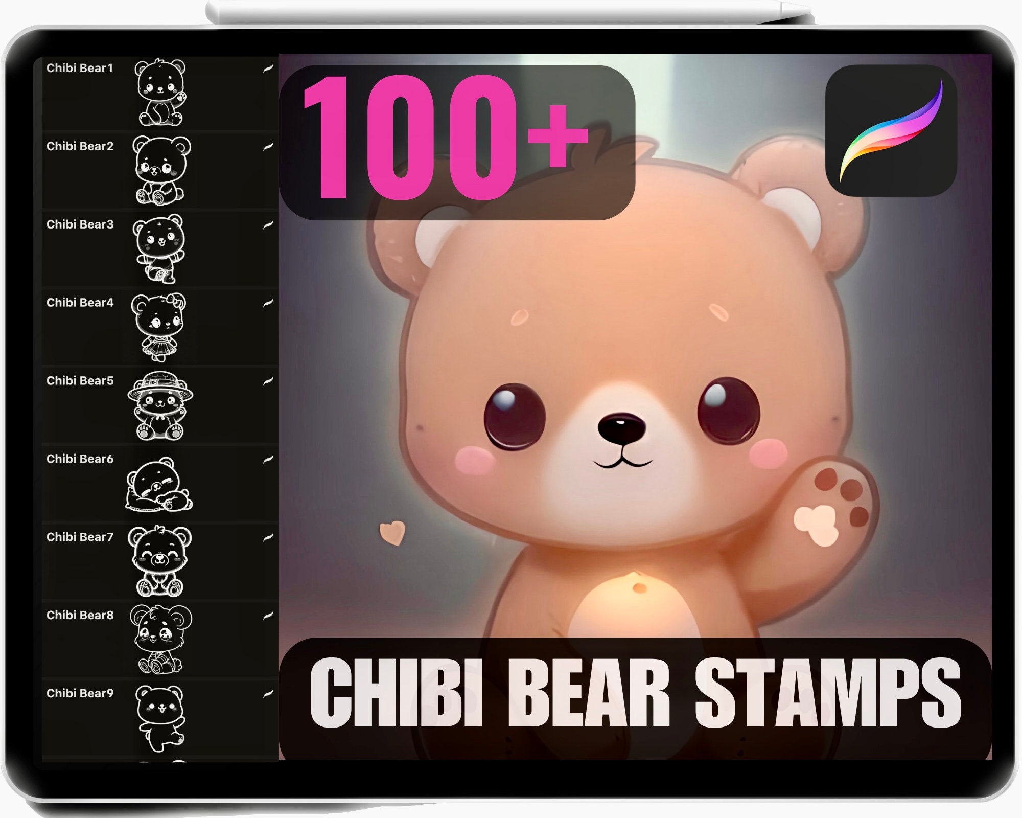 100 sellos de Procreate ositos chibi – pinceles teddy kawaii para arte de anime y manga, sellos de personajes de alta calidad, uso comercial