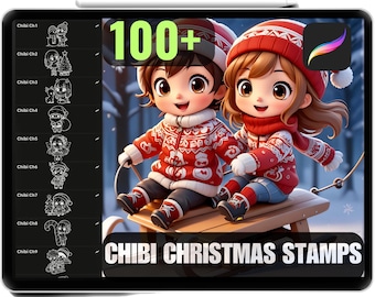 100+ Christmas Chibi Procreate Stamps, Cartoon Style (Commercial Use)