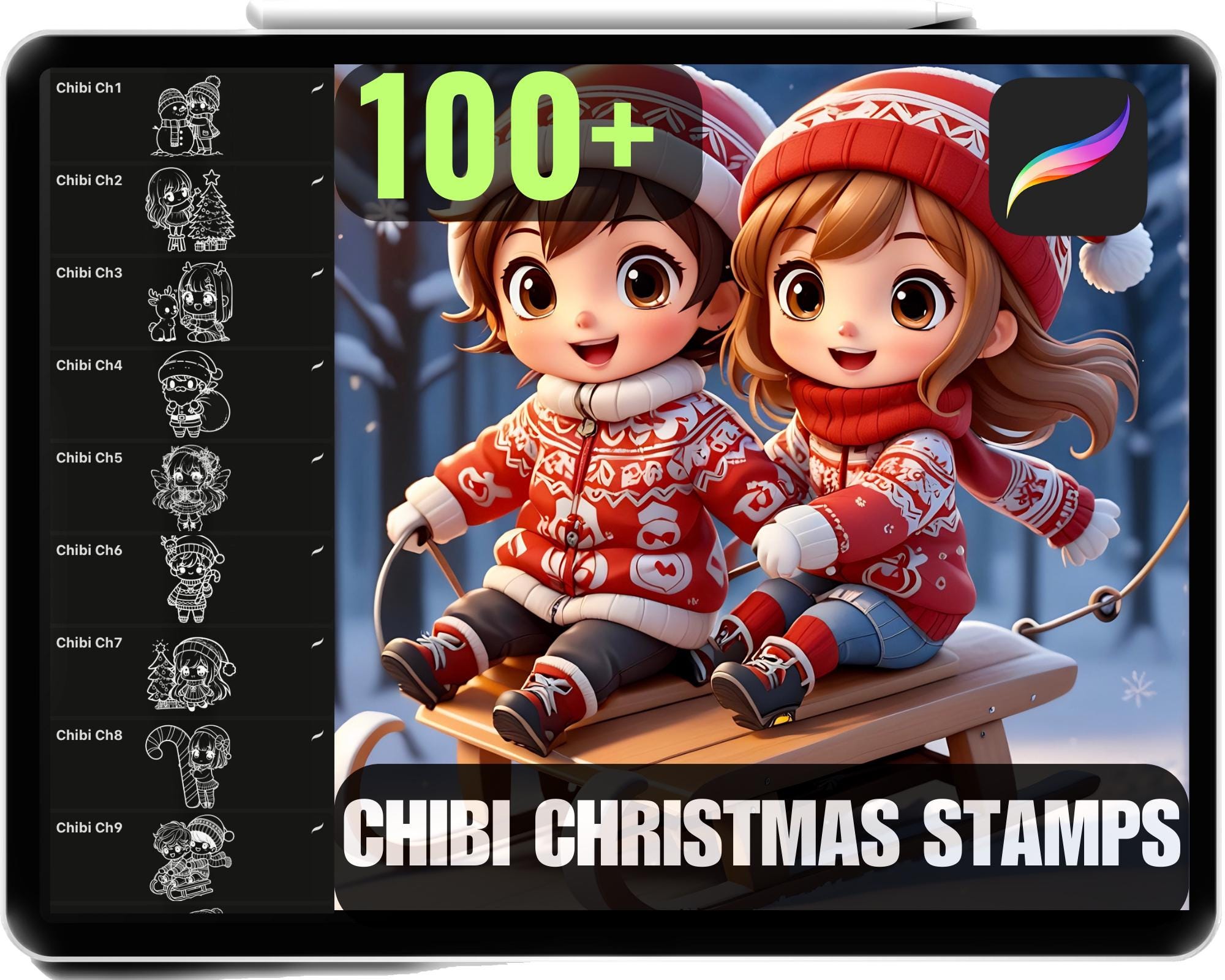 100+ Procreate Chibi Christmas Character Stamps & Brushes | Cute Anime Manga Stamp Set | Commercial Use