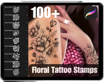 100+ Procreate Flower Tattoo Stamps: Floral Brushes (Commercial Use)
